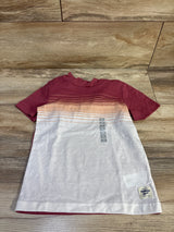 Top-down of maroon and white Oshkosh 5T hooded shirt with ombre stripes, brand patch and size stickers on wood floor