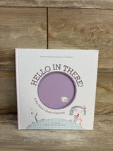 Front view of Hello in There! hardcover picture book showing circular die-cut window with purple interior and illustrations