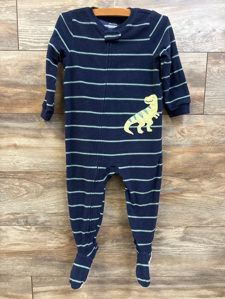 Front view of Carter’s blue blanket sleeper showcasing striped fabric, dinosaur applique, zipper, and attached feet