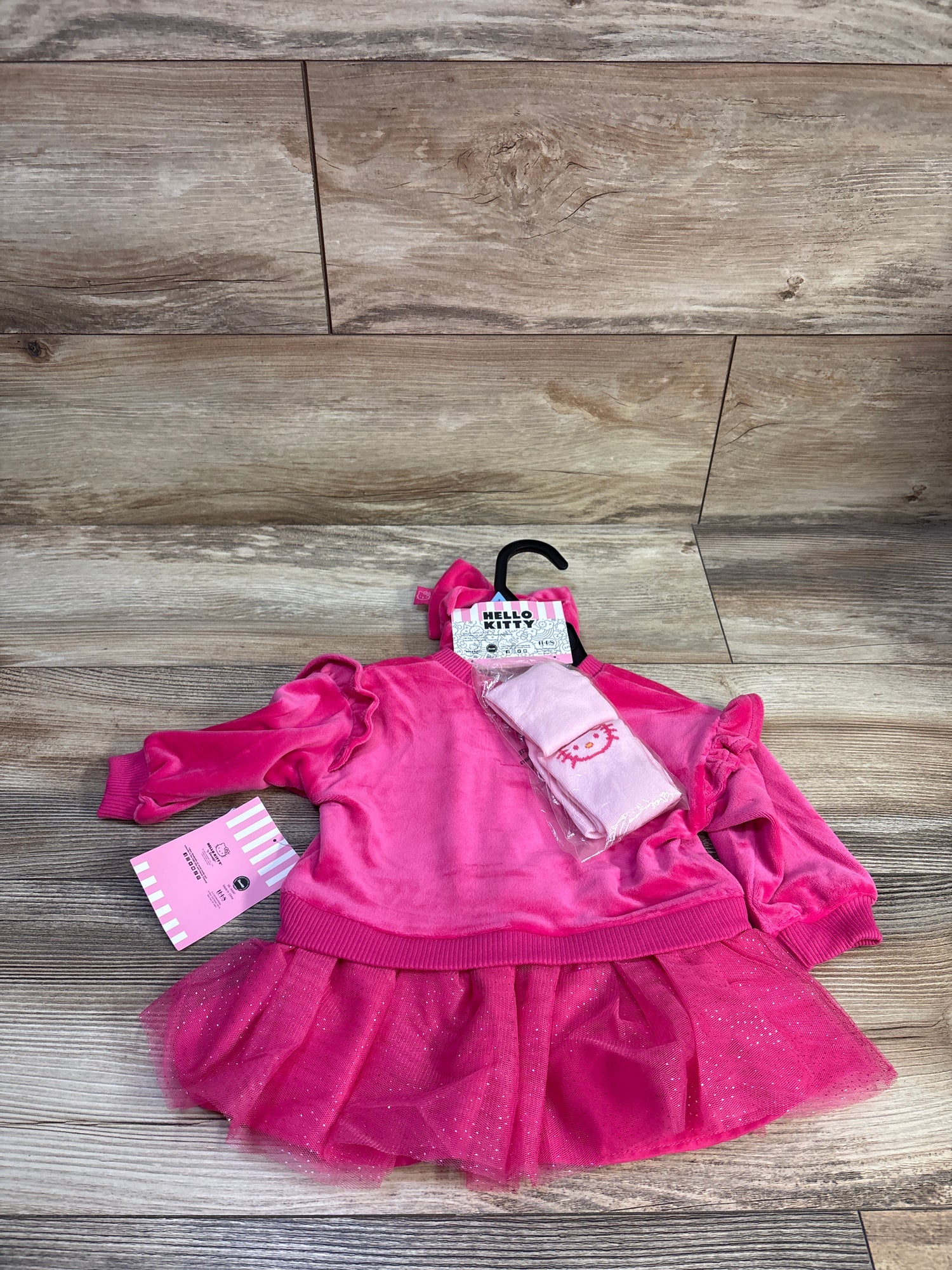 NEW Hello Kitty 3pc Velvet Tulle Sweatshirt Dress, Headband, & Tights Pink sz 3/6m