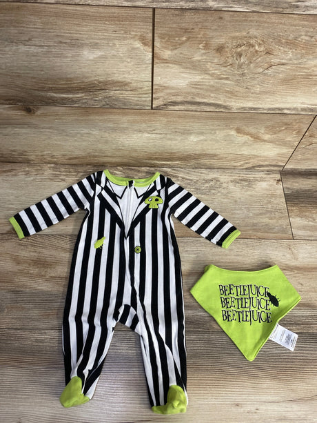 Beetlejuice-themed baby onesie with black and white stripes, green accents, and matching bib for Halloween.