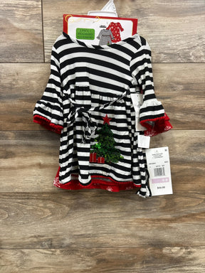 Black and white striped baby dress with sequin Christmas tree, red trim, and headband accessory, size 6-9 months