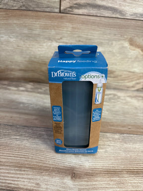 Front view of Dr. Brown's Options+ narrow 8 oz glass bottle sleeve in retail box showing gray sleeve through clear window on wood background