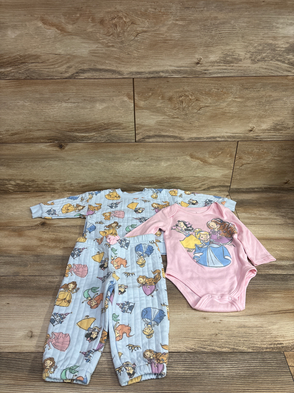 Disney Baby Princess 3pc Sweatshirt, Joggers, & Bodysuit Set Blue sz 9m