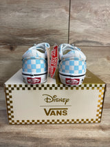 Disney Vans toddler sneakers with blue checkered pattern, displayed on branded box