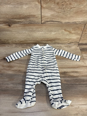 Front view of Huggies white footed striped sleeper (3 months) showcasing navy horizontal stripes and a front zipper on wood floor background
