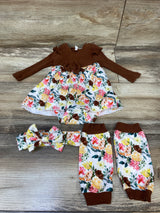 Long Sleeve Ribbed Floral 3pc Bodysuit Dress, Leg Warmers, & Headband Set Brown sz 3-6m