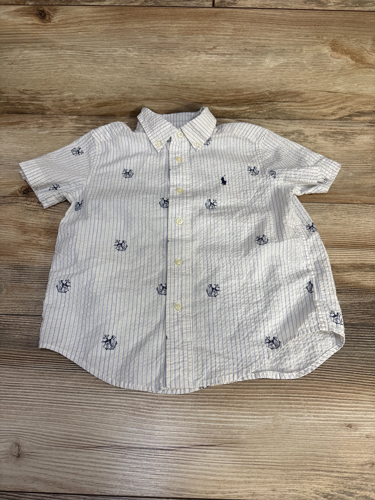 Ralph Lauren Anchor Print Seersucker Button Down Shirt White sz 4T