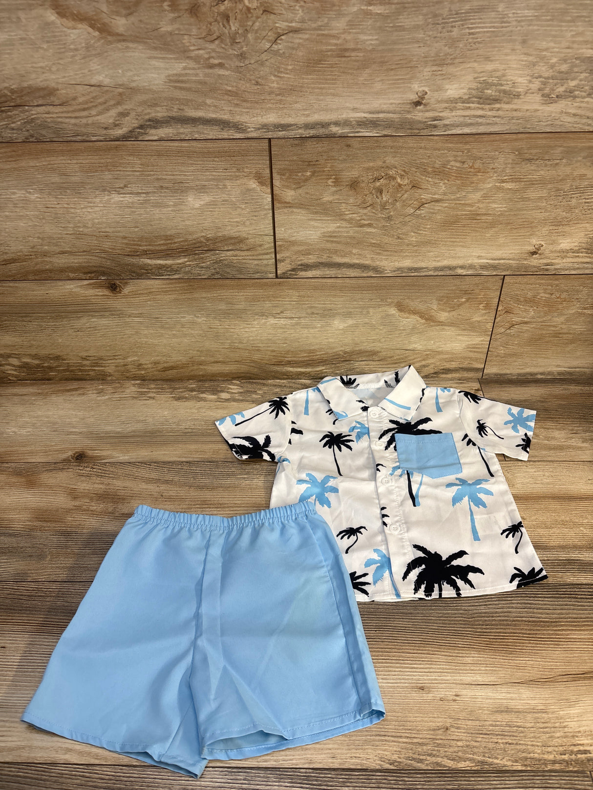 2pc Palm Tree Print Button Up Pocket Shirt White/Blue sz 18-24m