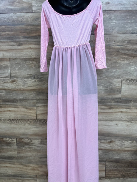 Front view of Odeerbi maternity pink off-shoulder maxi dress with long sleeves and sheer skirt overlay on wood background