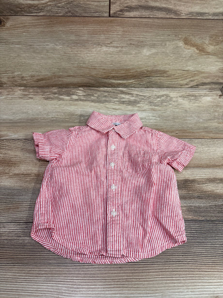 Janie & Jack red and white striped linen button up shirt for infants on wood background