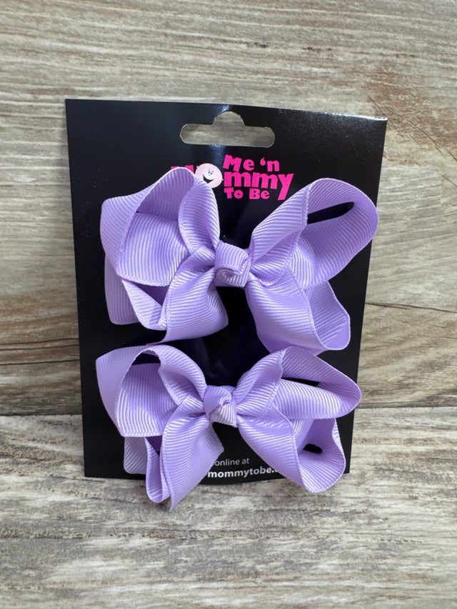 Front view of medium lilac ribbon hair bows 2-pack with double-loop bows on black card showing Me n Mommy To Be logo
