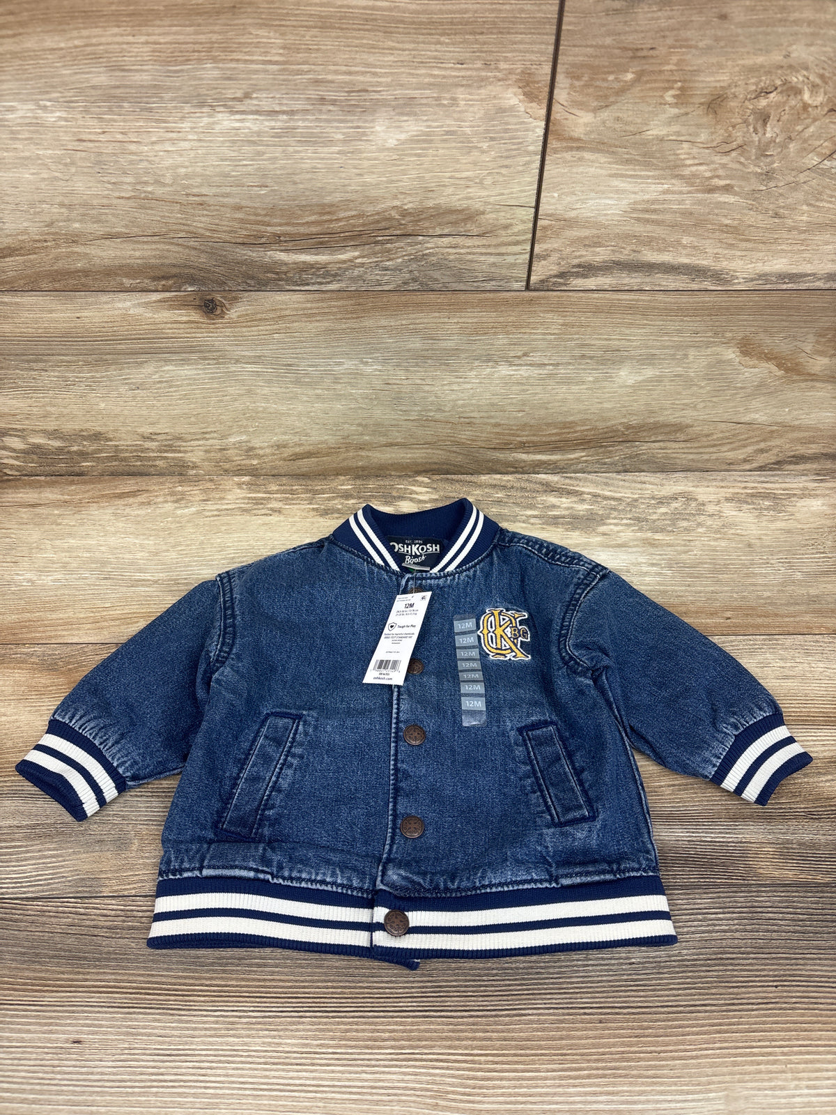 NEW Oshkosh Denim Varsity Jacket Medium Wash Blue sz 12m