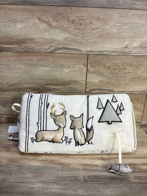Front of Crate & Kids Woodland Animals tummy time toy with embroidered deer and fox and plush pull toy on wood floor