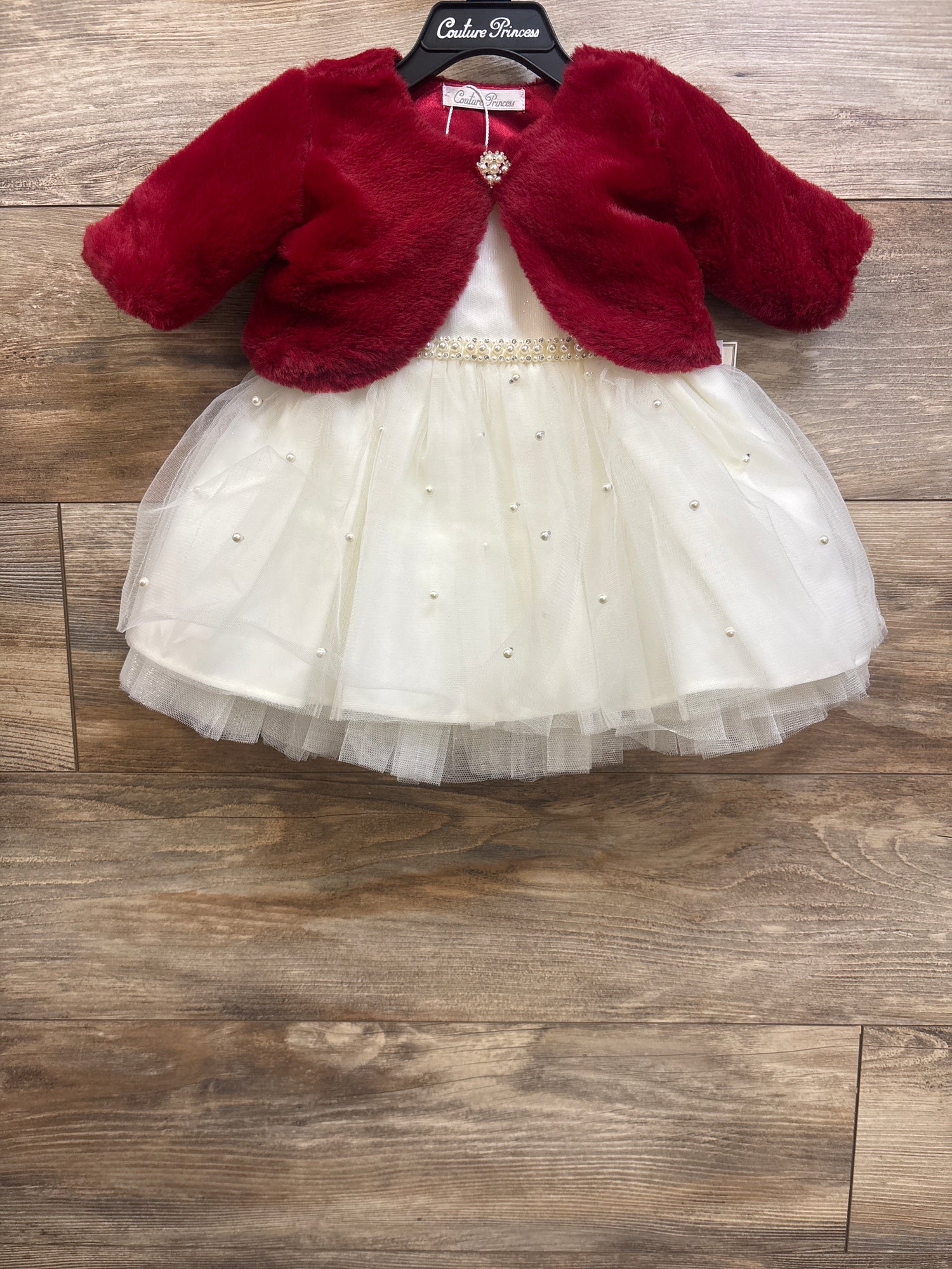 NEW Couture Princess 2pc Pearl Dress & Plush Cardigan Set Red sz 12m