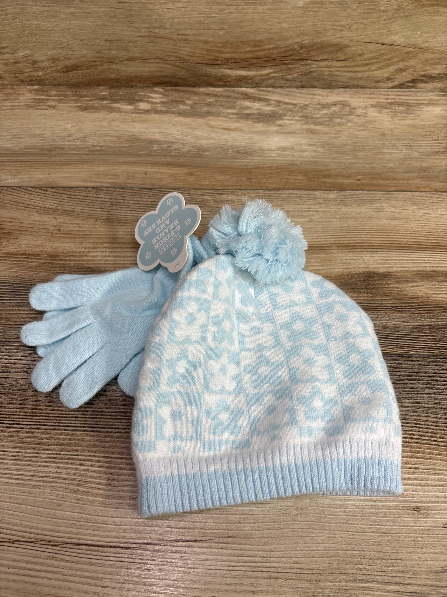 NEW 2pc Pom-Pom Beanie & Gloves Set Blue OSFM