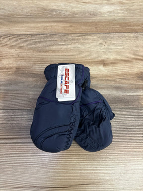 Navy blue insulated kids mittens with Escape Polar Extreme tag on wooden surface
