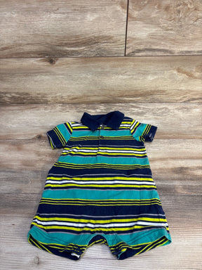 Front flat lay of Simple Joys striped polo shortie romper showing navy, teal, and yellow horizontal stripes, navy collar, and snap crotch on wood background