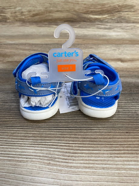 Blue Carter's baby sandals size 3 on wooden surface with tags attached
