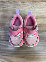 Top view of See Kai Run Basics Tenny sneakers, pink mesh with Velcro strap and elastic laces on wood floor