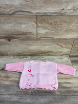 Flat lay of ArtWalk pink knit button-up cardigan for size 6 months, showcasing ballerina motifs on wood-look flooring