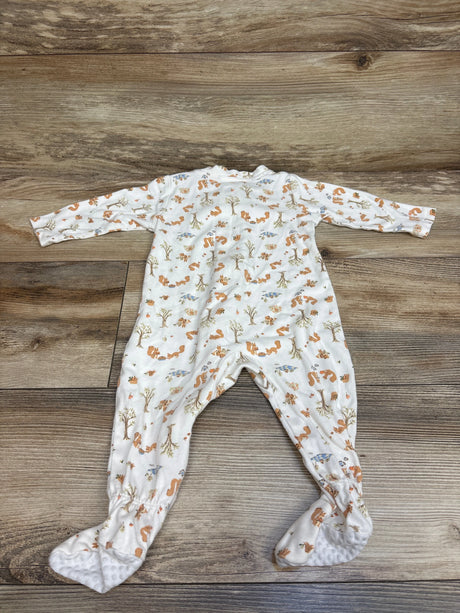 Top view of Amazon Essentials x Sofia Grainge Squirrel Picnic Sleeper showcasing white fabric, woodland print, long sleeves, and covered feet