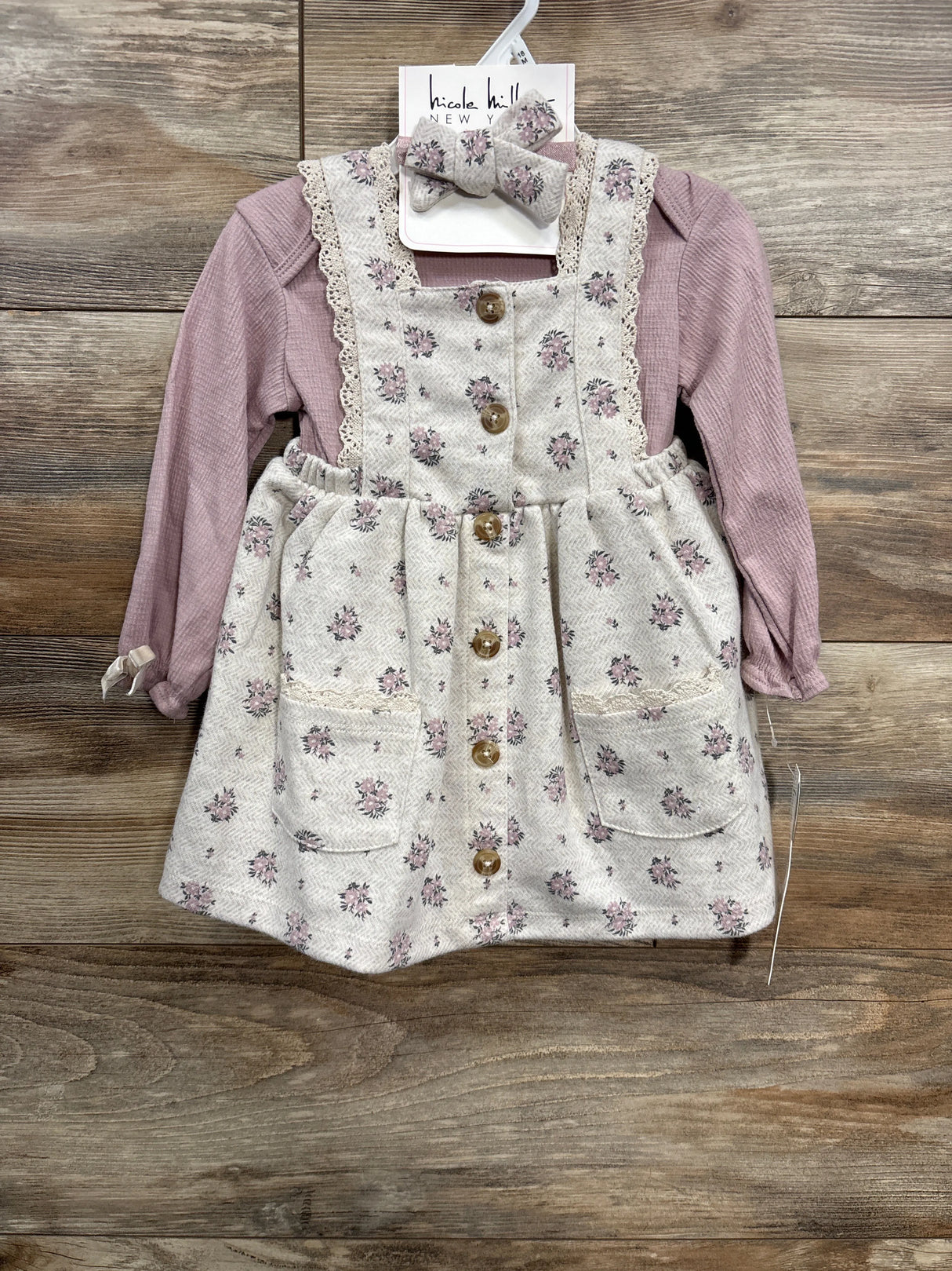 NEW Nicole Miller 2pc Floral Textured Bodysuit Dress & Bow Set Pink sz 18m