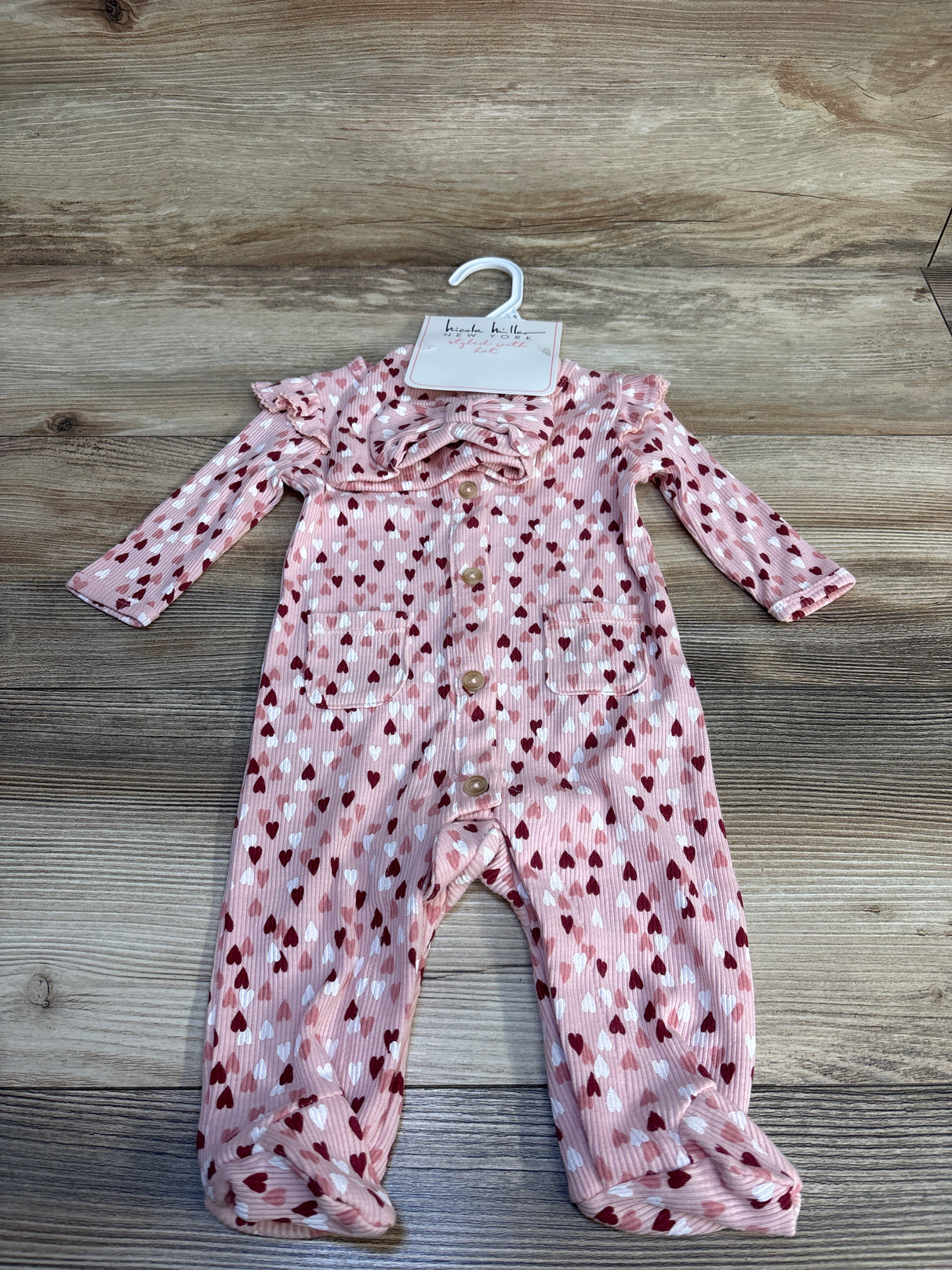 NEW Nicole Miller 2pc Heart Print Hat & Ribbed Sleeper Set Pink sz 0-3m
