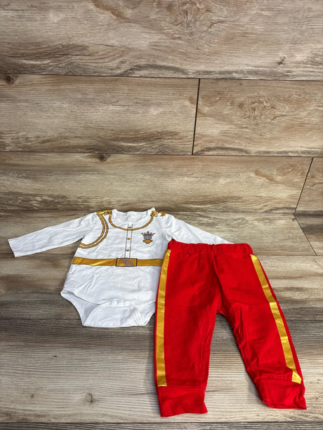 Baby prince costume with white top, gold trim, and red pants for kids' dress-up
