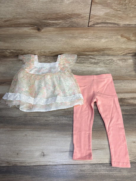 Girls floral lace ruffle top with pink leggings set on wood background