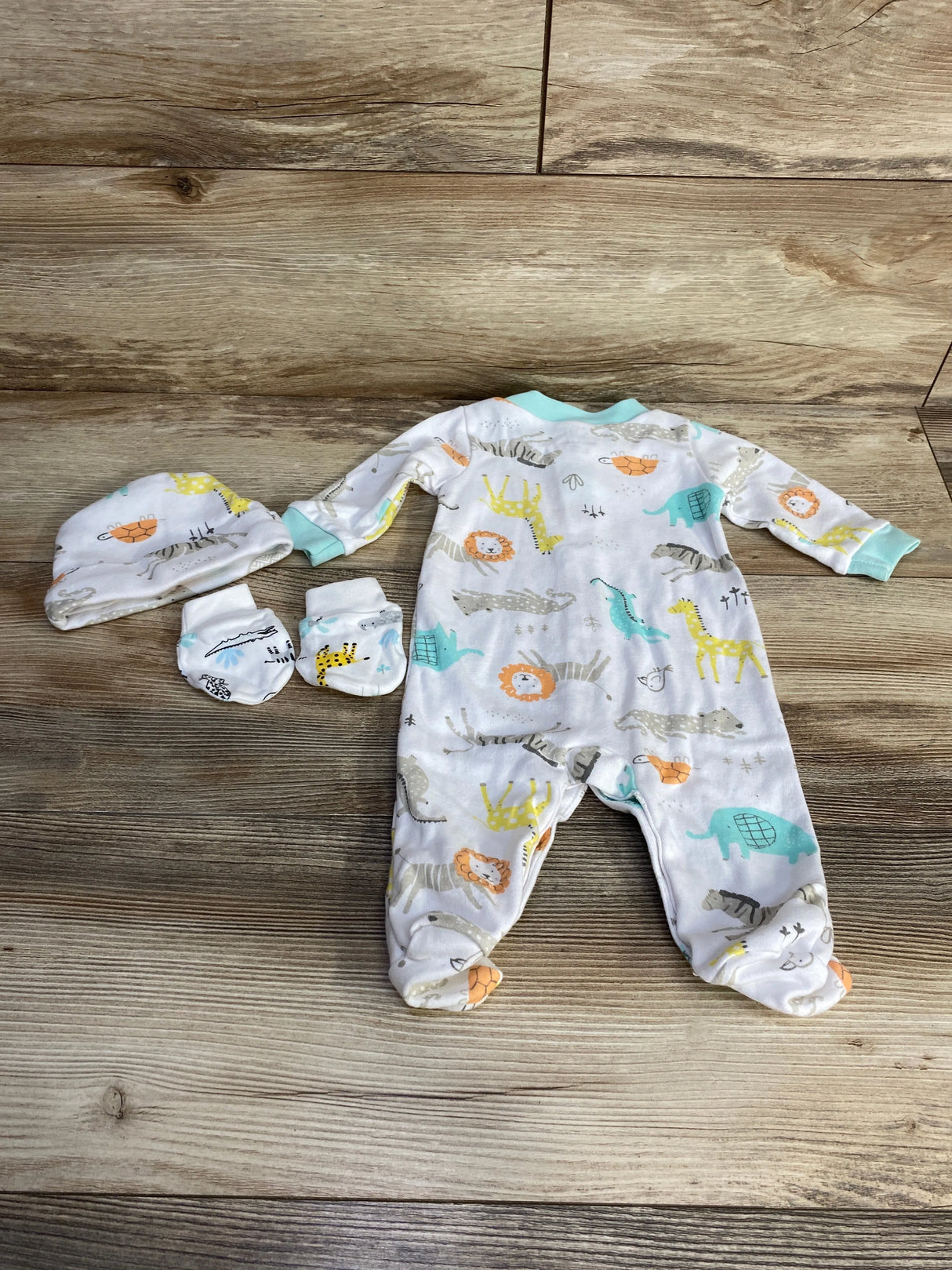 Mikey & Lottie 3pc Animal Print Sleeper + Hat + Mittens White sz 0-3m