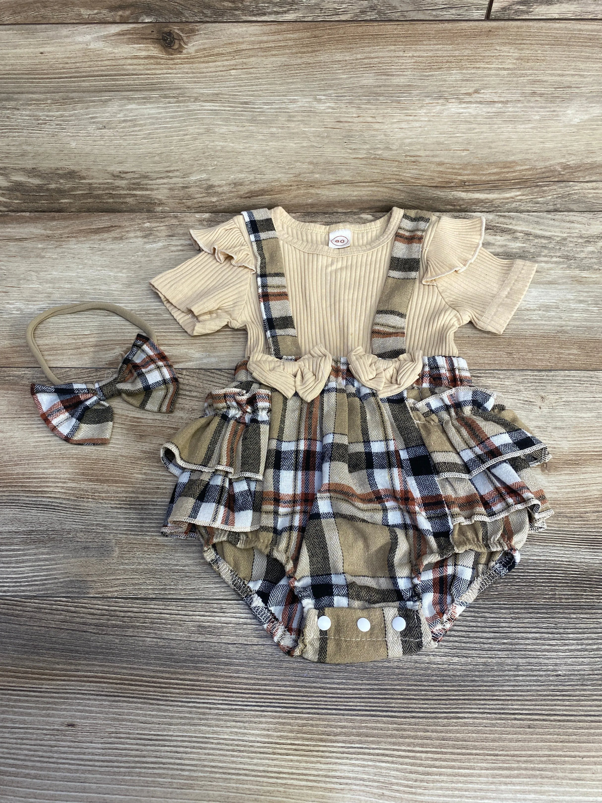 2pc Ribbed Ruffle Romper & Headband Beige sz 9-12m