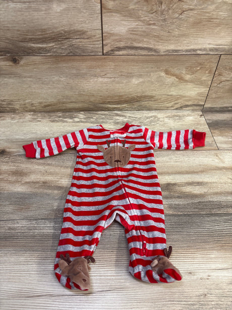 Front view of red and gray striped reindeer blanket sleeper showcasing a zip front and reindeer footies on a wood floor