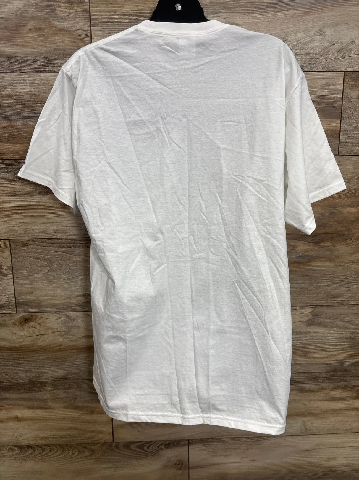 Back view of Port & Company white maternity T-shirt in XL showcasing short sleeves and crew neck with wood plank background