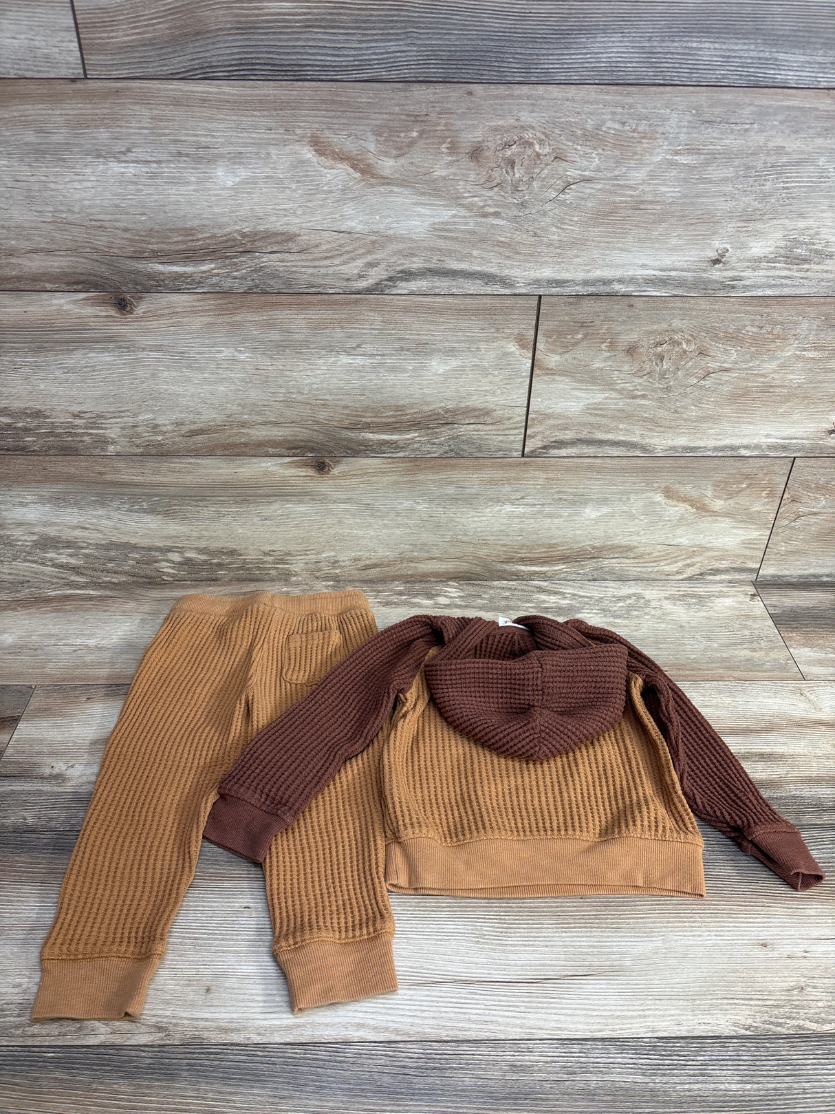 Cat & Jack 2pc Waffle Knit Hooded Pull Over & Pants Set Brown sz 3T