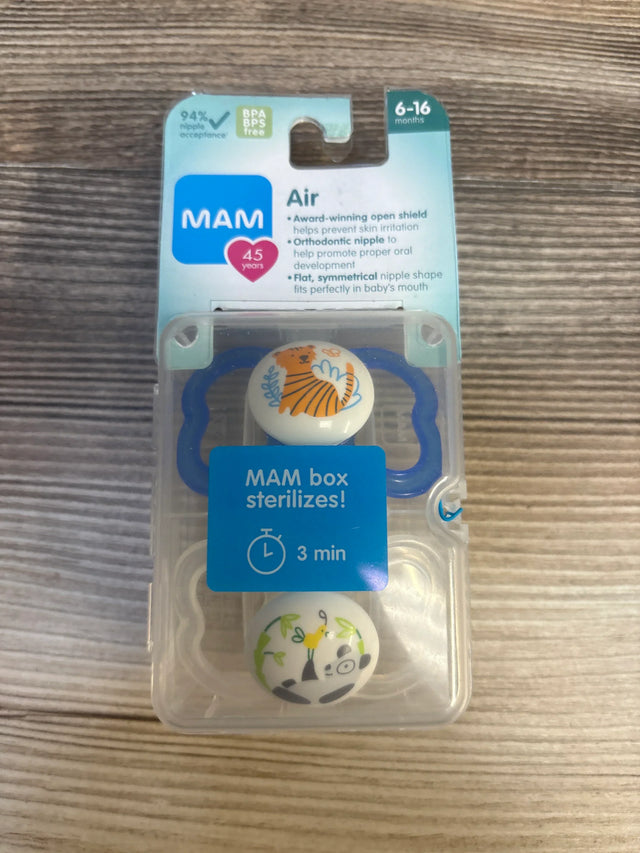 MAM Air baby pacifiers 6-16 months, tiger and panda designs, BPA free in sterilizing case