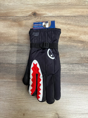 Black kids winter glove with red and white shark tooth design, adjustable buckle, sherpa lined inside