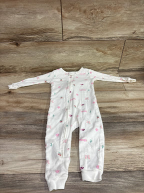 Front view of Just One You white sleeper in size 18 months, showing long sleeves, front zipper, and colorful print on wood