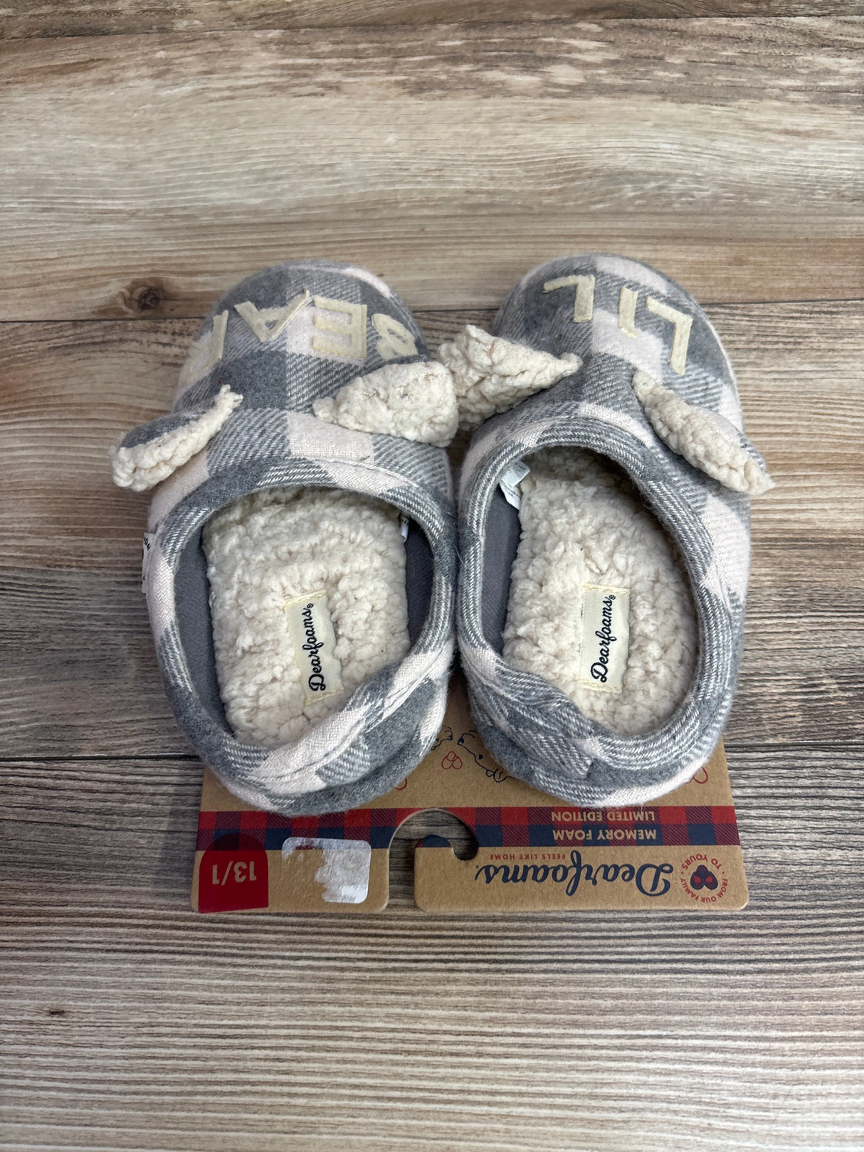 NEW Dearfoams Baby Bear Grey Plaid Slippers sz 13c/1Y