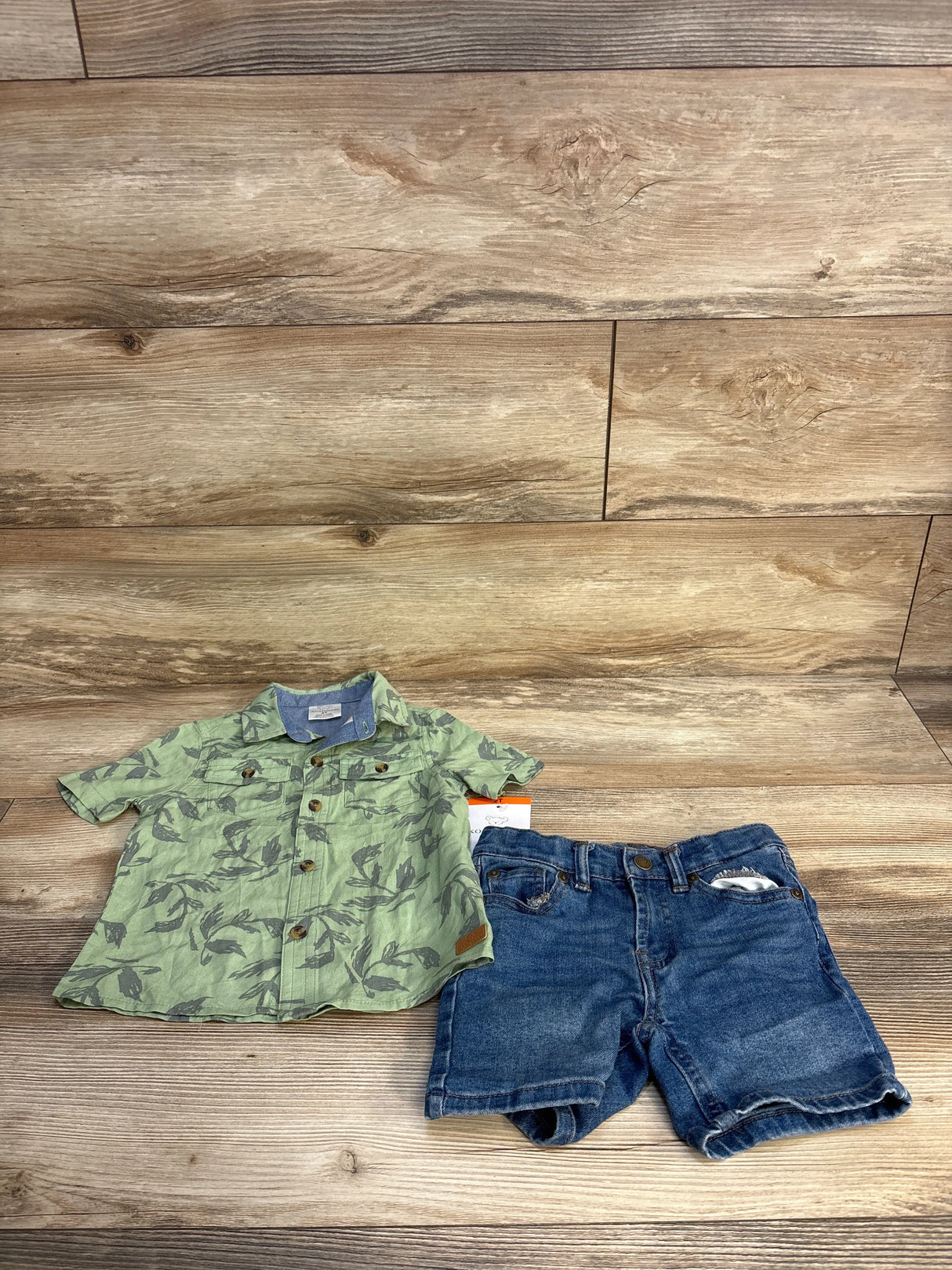 NEW Koala Kids 2pc Button-Up Shirt & Jean Shorts Set Green sz 2T