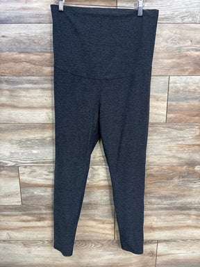 Front view of grey Zella maternity leggings size large showing high-rise full-panel waistband against wood background
