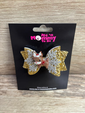 Gold glitter reindeer hair bow with silver snowflakes for kids holiday outfits