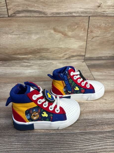 Three-quarter view of Paw Patrol high-top toddler sneakers size 6C with character patch, red/yellow/blue canvas, side zipper