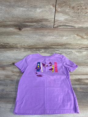 Flat lay of lilac girls' Cat and Jack short-sleeve t-shirt showing front cat and ABC book graphic on wood background