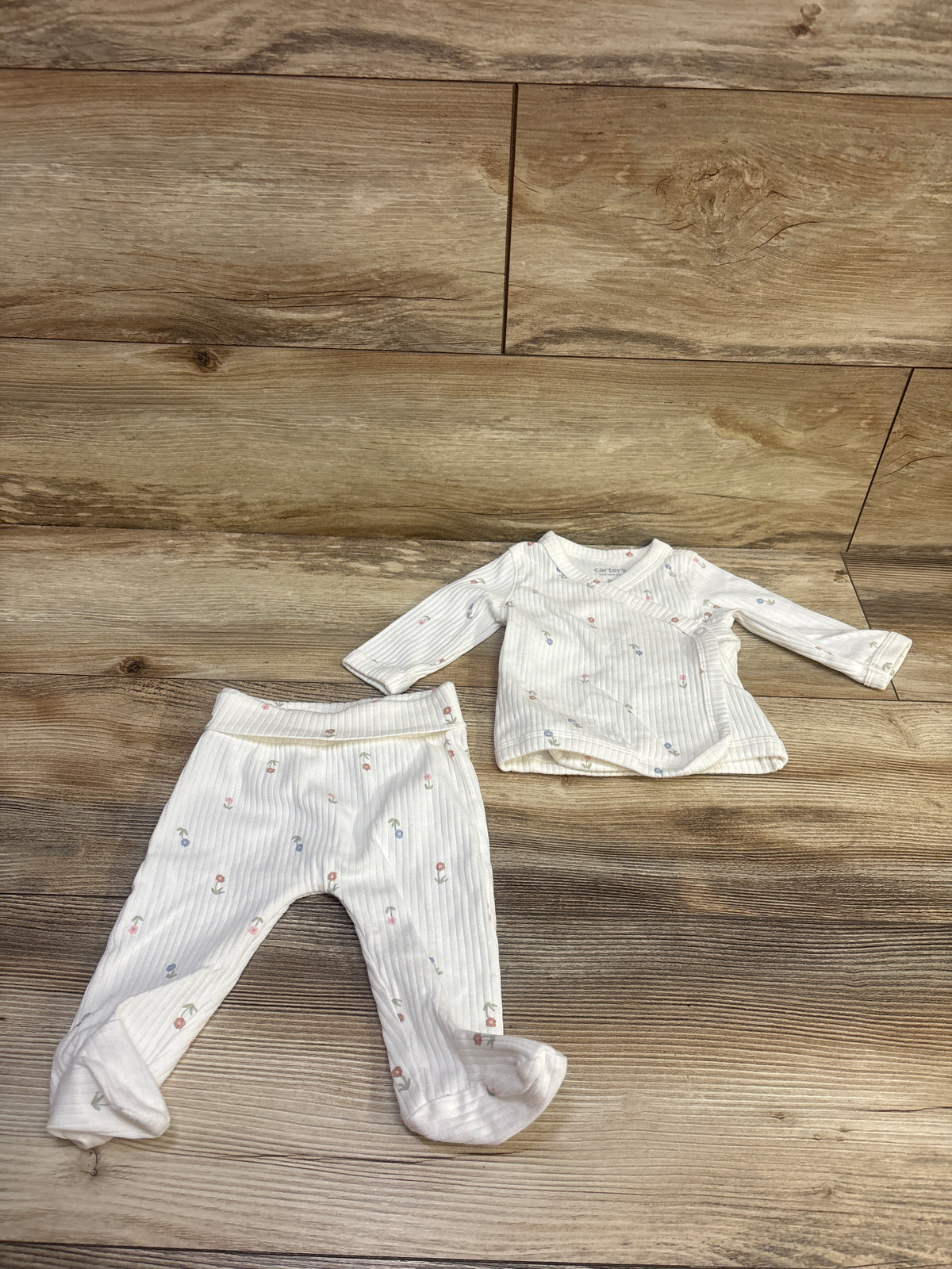 Just One You 2pc Ribbed Kimono Shirt & Footed Pants Set White sz 3m