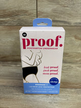 Front view of Proof postpartum underwear box showcasing size M and up to 12 hour leak protection label on wood background
