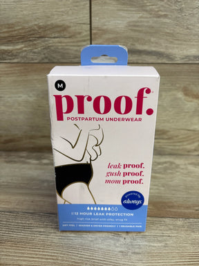 Front view of Proof postpartum underwear box showcasing size M and up to 12 hour leak protection label on wood background