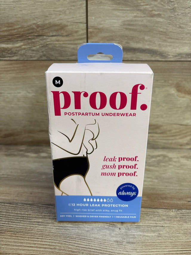 Front view of Proof postpartum underwear box showcasing size M and up to 12 hour leak protection label on wood background