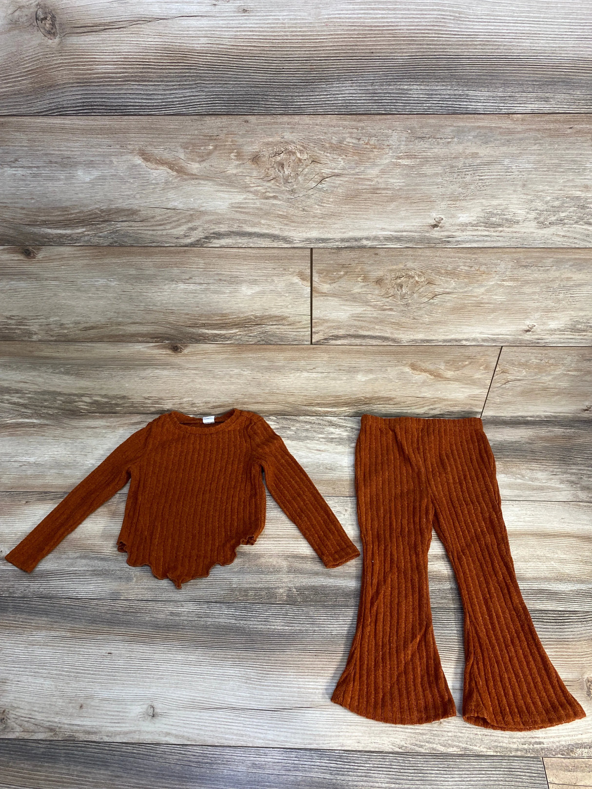 Shein 2pc Ribbed Lettuce Trim Top & Bottoms Set Rust sz 2-3T