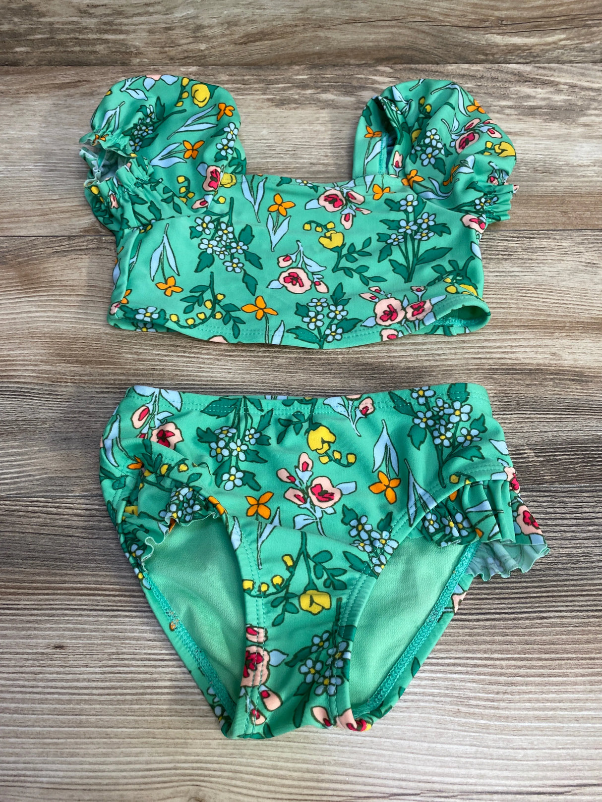 Cat & Jack 2pc Floral Puff Sleeve Swimsuit Green sz 3T